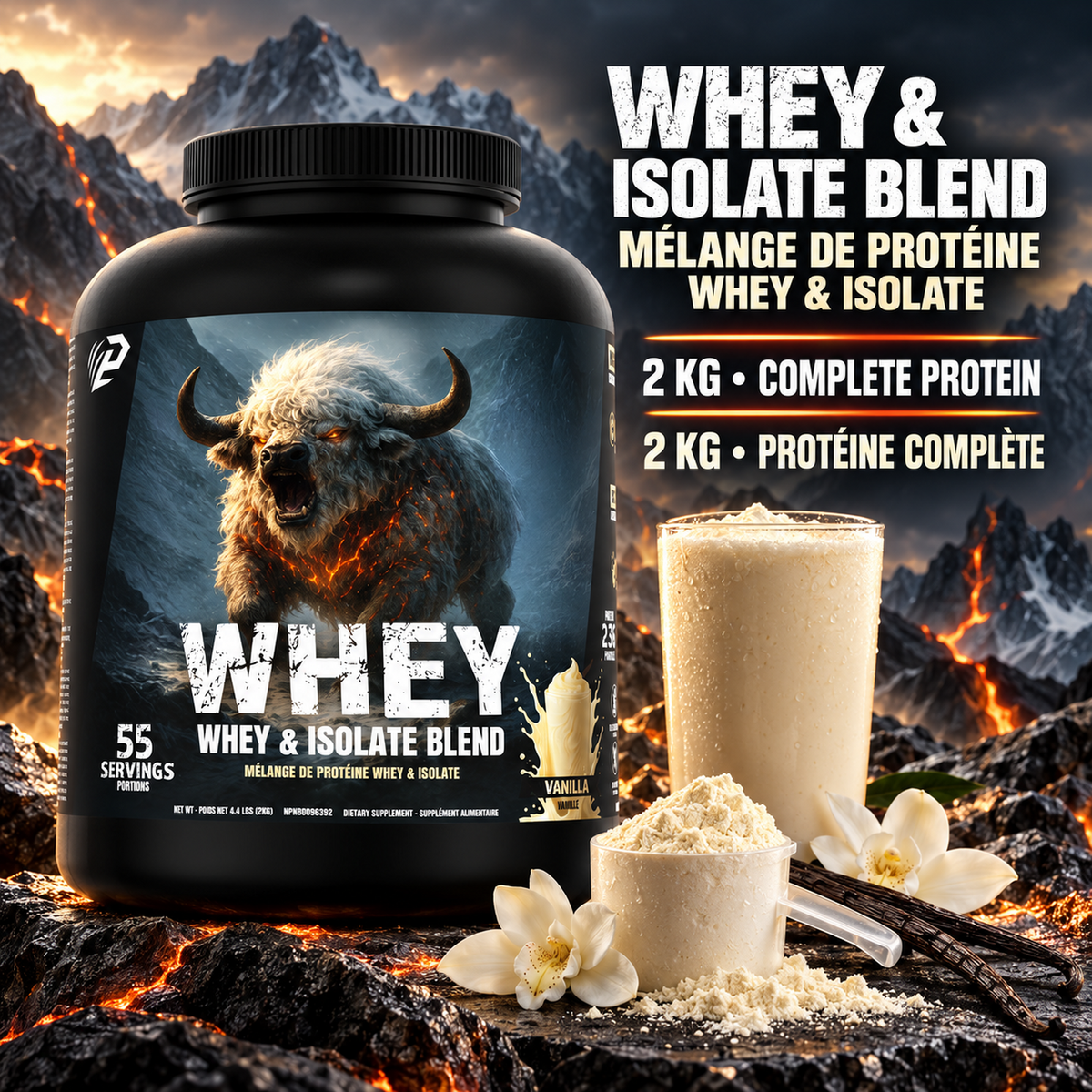 Predator Whey 2kg - Whey and isolate lactoserum protein powder Blend, 55 servings,