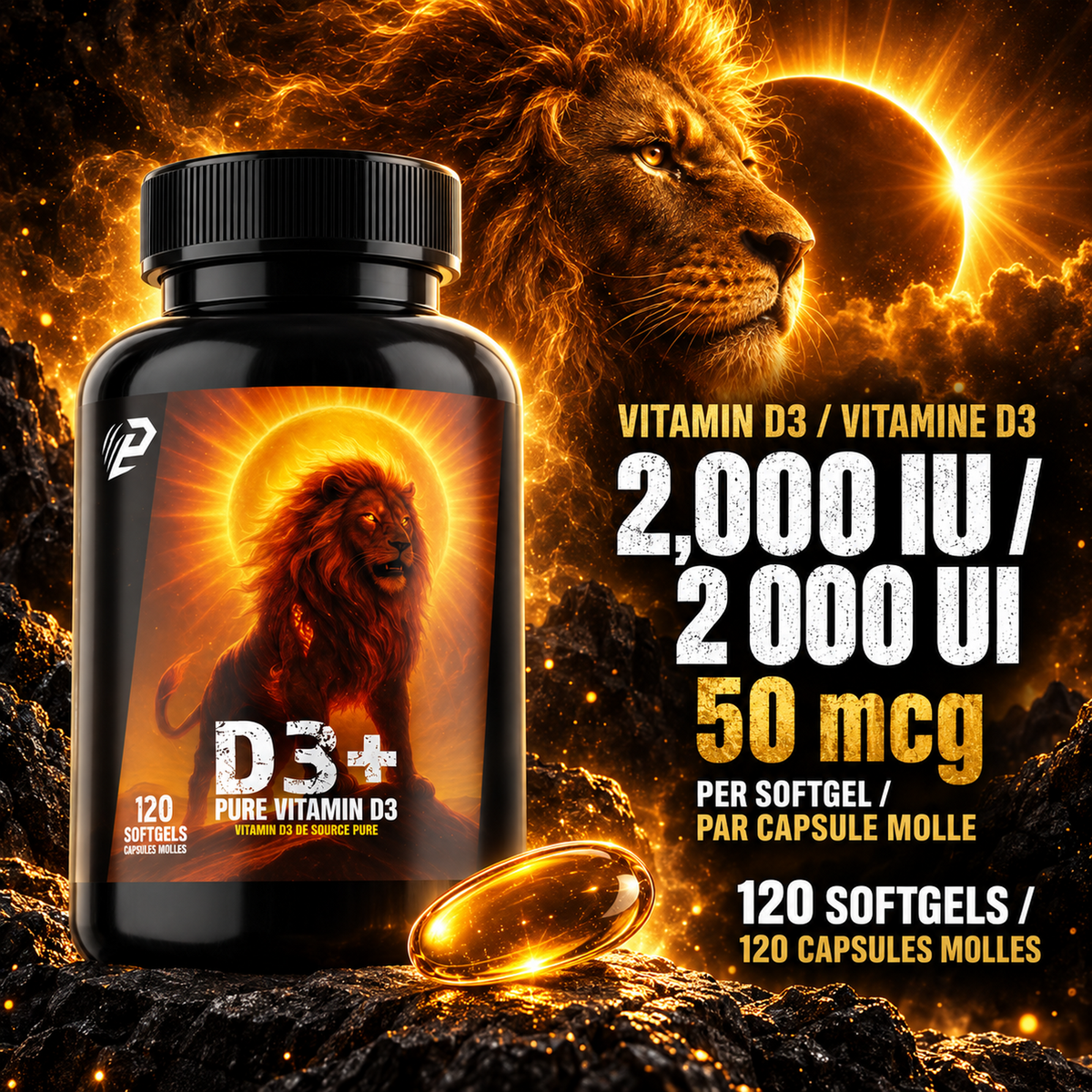 D3+ Pure Vitamin D3 Supplement 2,000 IU 120 Softgels