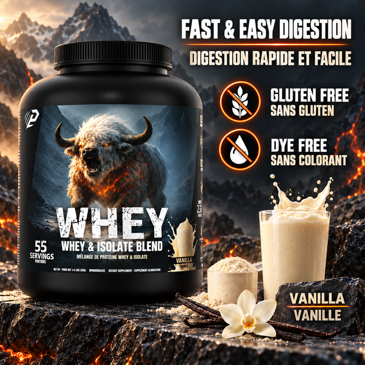 Predator Whey 2kg - Whey and isolate lactoserum protein powder Blend, 55 servings,
