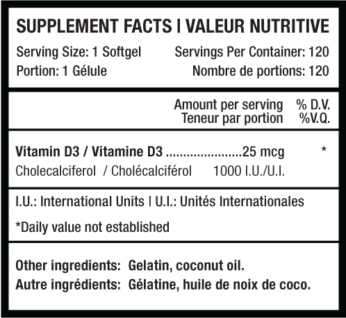 Predator Labs - D3+ Pure Vitamin D3 Supplement 1,000 IU 120 Softgels