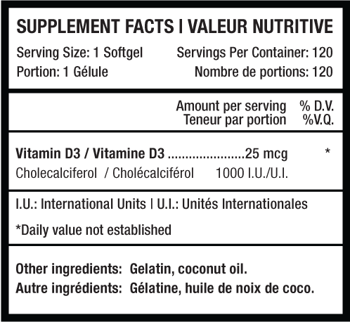 D3+ Pure Vitamin D3 Supplement 1,000 IU 120 Softgels